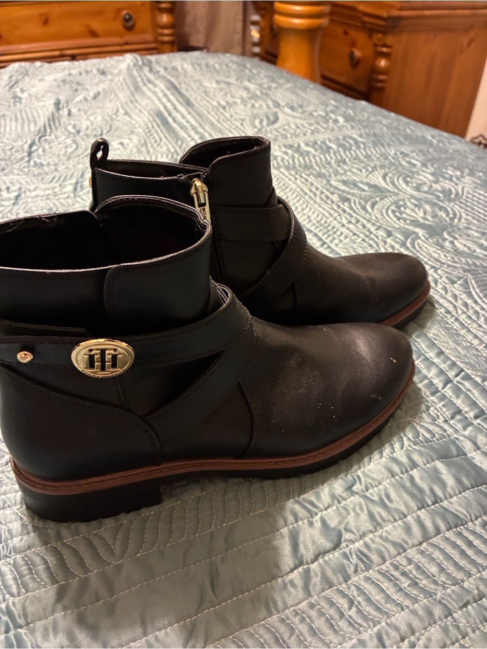 Tommy Hilfiger Black Ankle Boots with Gold Logo Accent  Worn only once!
